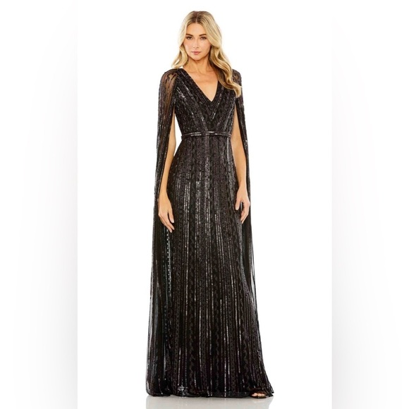 Mac Duggal 5915 Cape Sleeve Beaded Evening Dress in BlackBerry - Picture 2 of 7